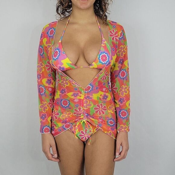 Multi-Color Floral Retro Gypsy Halter Triangle Bikini Swimsuit With Cover Up - Picture 1 of 7